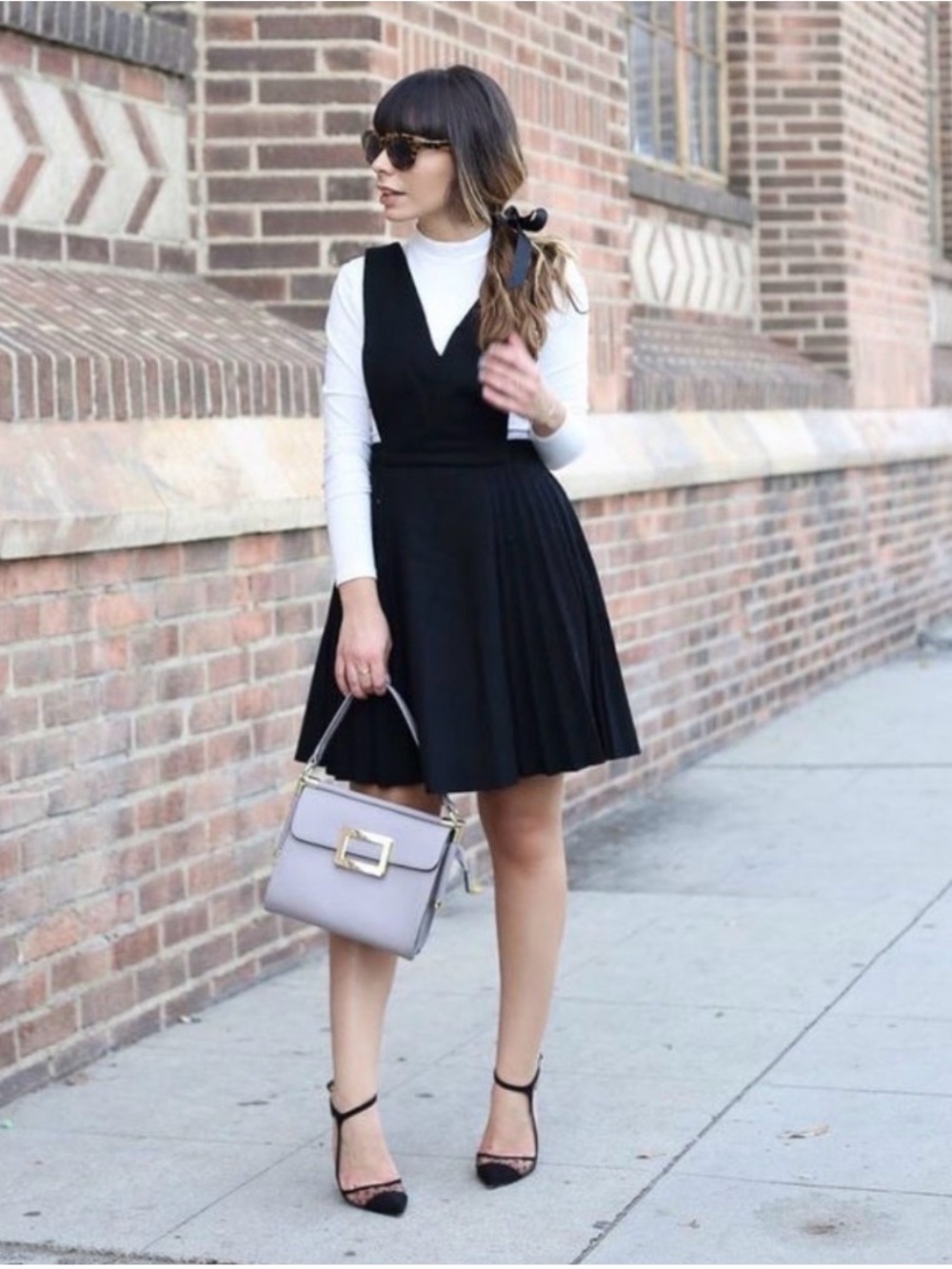 Black Pleated V-Neck Pinafore Dress
